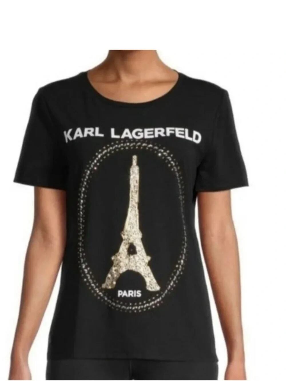 Karl Lagerfeld Paris Black Eiffel Tower Rhinestone T-Shirt Women’s XL